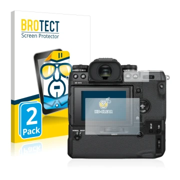 Face avant d’un emballage produit avec le logo de la marque BROTECT. À côté, l’appareil Fujifilm X-H1 est représenté avec la p