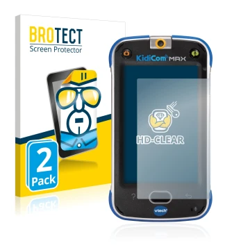 Face avant d’un emballage produit avec le logo de la marque BROTECT. À côté, l’appareil Vtech Kidicom Max est représenté avec 