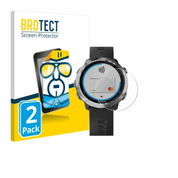 Face avant d’un emballage produit avec le logo de la marque BROTECT. À côté, l’appareil Garmin Forerunner 645 est représenté a