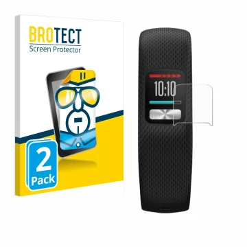 Face avant d’un emballage produit avec le logo de la marque BROTECT. À côté, l’appareil Garmin Vivofit 4 est représenté avec l