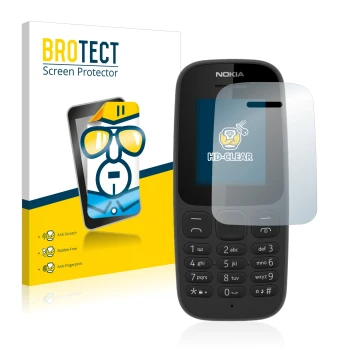 Face avant d’un emballage produit avec le logo de la marque BROTECT. À côté, l’appareil Nokia 105 2017 est représenté avec la 