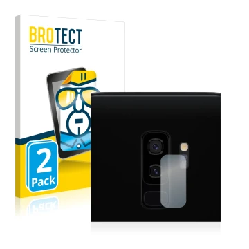 Face avant d’un emballage produit avec le logo de la marque BROTECT. À côté, l’appareil Samsung Galaxy S9 Plus (Caméra UNIQUEM