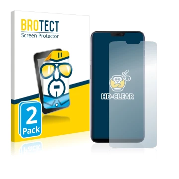 Face avant d’un emballage produit avec le logo de la marque BROTECT. À côté, l’appareil OnePlus 6 est représenté avec la prote
