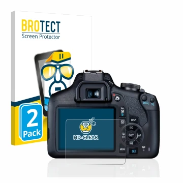 Face avant d’un emballage produit avec le logo de la marque BROTECT. À côté, l’appareil Canon EOS 2000D est représenté avec la