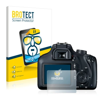 Face avant d’un emballage produit avec le logo de la marque BROTECT. À côté, l’appareil Canon EOS 4000D est représenté avec la
