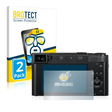 Face avant d’un emballage produit avec le logo de la marque BROTECT. À côté, l’appareil Panasonic Lumix DC-TZ202 est représent