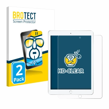 Face avant d’un emballage produit avec le logo de la marque BROTECT. À côté, l’appareil Apple iPad 9.7