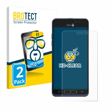 Face avant d’un emballage produit avec le logo de la marque BROTECT. À côté, l’appareil Doro 8035 est représenté avec la prote