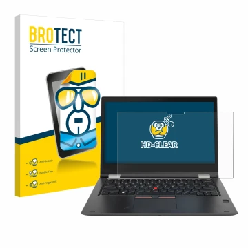 Face avant d’un emballage produit avec le logo de la marque BROTECT. À côté, l’appareil Lenovo ThinkPad Yoga X380 est représen