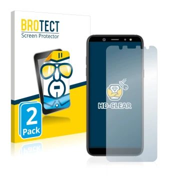 Face avant d’un emballage produit avec le logo de la marque BROTECT. À côté, l’appareil Samsung Galaxy A6 2018 est représenté 