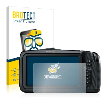 Face avant d’un emballage produit avec le logo de la marque BROTECT. À côté, l’appareil Blackmagic Pocket Cinema Camera 4K est