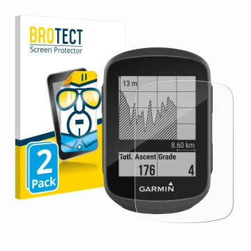 Face avant d’un emballage produit avec le logo de la marque BROTECT. À côté, l’appareil Garmin Edge 130 est représenté avec la