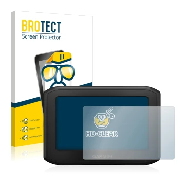 Face avant d’un emballage produit avec le logo de la marque BROTECT. À côté, l’appareil Garmin zumo 396 LMT-S est représenté a