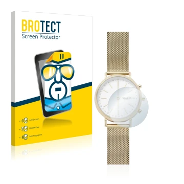Face avant d’un emballage produit avec le logo de la marque BROTECT. À côté, l’appareil Skagen Hybrid Smartwatch Mini Hald (34