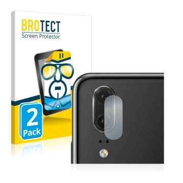 Face avant d’un emballage produit avec le logo de la marque BROTECT. À côté, l’appareil Huawei P20 (Caméra UNIQUEMENT) est rep