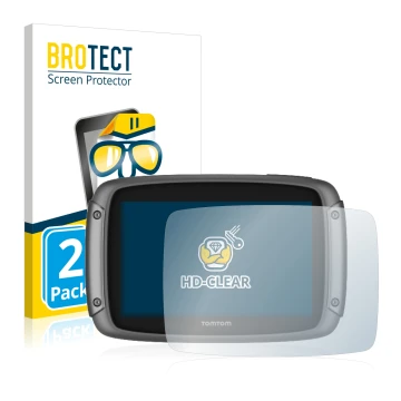 Face avant d’un emballage produit avec le logo de la marque BROTECT. À côté, l’appareil TomTom Rider 500 est représenté avec l