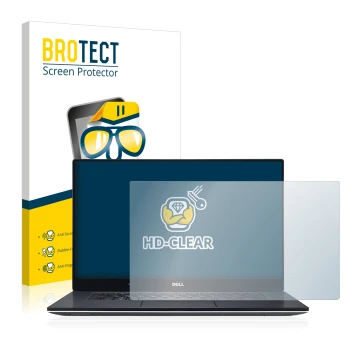 Face avant d’un emballage produit avec le logo de la marque BROTECT. À côté, l’appareil Dell XPS 15 9560 est représenté avec l