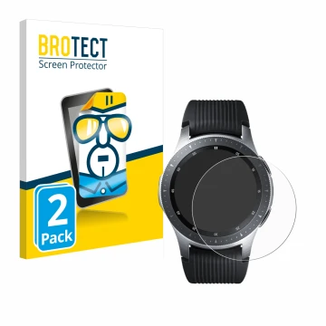 Face avant d’un emballage produit avec le logo de la marque BROTECT. À côté, l’appareil Samsung Galaxy Watch (46 mm) est repré