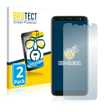 Face avant d’un emballage produit avec le logo de la marque BROTECT. À côté, l’appareil Samsung Galaxy J6 2018 est représenté 