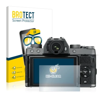 Face avant d’un emballage produit avec le logo de la marque BROTECT. À côté, l’appareil Fujifilm X-T100 est représenté avec la