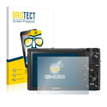 Face avant d’un emballage produit avec le logo de la marque BROTECT. À côté, l’appareil Sony Cyber-Shot DSC-RX100 VI est repré