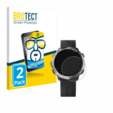 Face avant d’un emballage produit avec le logo de la marque BROTECT. À côté, l’appareil Garmin Forerunner 645 Music est représ