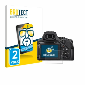 Face avant d’un emballage produit avec le logo de la marque BROTECT. À côté, l’appareil Nikon Coolpix P1000 est représenté ave