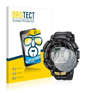 Face avant d’un emballage produit avec le logo de la marque BROTECT. À côté, l’appareil Casio Pro Trek PRG-240-1ER est représe
