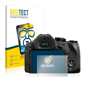 Face avant d’un emballage produit avec le logo de la marque BROTECT. À côté, l’appareil Panasonic Lumix DMC-FZ330 est représen