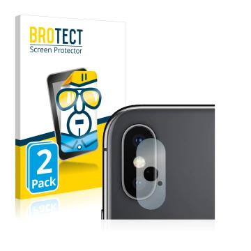 Face avant d’un emballage produit avec le logo de la marque BROTECT. À côté, l’appareil Apple iPhone Xs (Caméra UNIQUEMENT) es