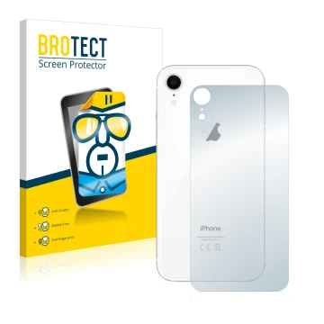 Face avant d’un emballage produit avec le logo de la marque BROTECT. À côté, l’appareil Apple iPhone XR (Le dos) est représent