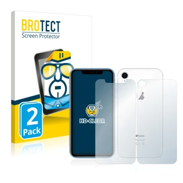 Face avant d’un emballage produit avec le logo de la marque BROTECT. À côté, l’appareil Apple iPhone XR (Avant+Arrière) est re