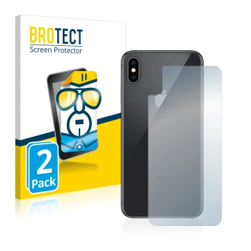 Face avant d’un emballage produit avec le logo de la marque BROTECT. À côté, l’appareil Apple iPhone Xs Max (Le dos) est repré