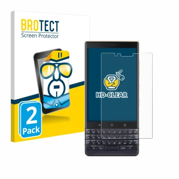 Face avant d’un emballage produit avec le logo de la marque BROTECT. À côté, l’appareil BlackBerry Key2 LE est représenté avec