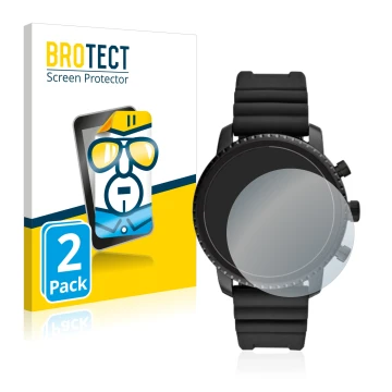 Face avant d’un emballage produit avec le logo de la marque BROTECT. À côté, l’appareil Fossil Q Explorist HR (4.Gen) est repr