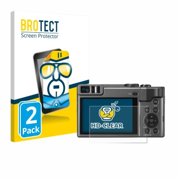 Face avant d’un emballage produit avec le logo de la marque BROTECT. À côté, l’appareil Panasonic Lumix DC-TZ90 est représenté