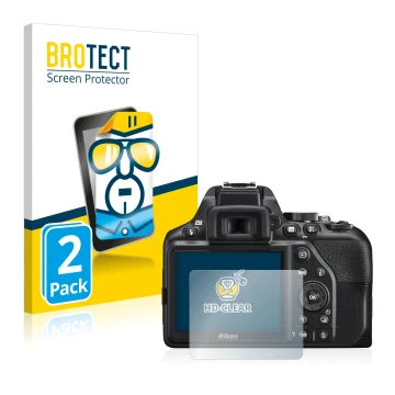 Face avant d’un emballage produit avec le logo de la marque BROTECT. À côté, l’appareil Nikon D3500 est représenté avec la pro