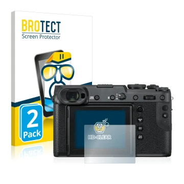 Face avant d’un emballage produit avec le logo de la marque BROTECT. À côté, l’appareil Fujifilm GFX 50R est représenté avec l