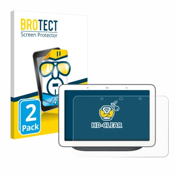 Face avant d’un emballage produit avec le logo de la marque BROTECT. À côté, l’appareil Google Home Hub est représenté avec la