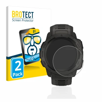 Face avant d’un emballage produit avec le logo de la marque BROTECT. À côté, l’appareil Garmin Instinct est représenté avec la