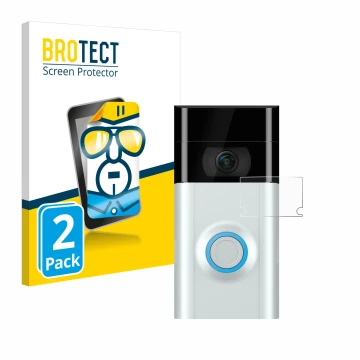 Face avant d’un emballage produit avec le logo de la marque BROTECT. À côté, l’appareil Ring Doorbell 2 (Lentille) est représe