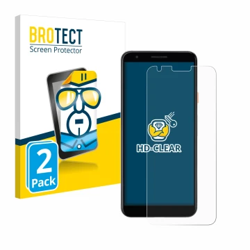 Face avant d’un emballage produit avec le logo de la marque BROTECT. À côté, l’appareil Google Pixel 3a est représenté avec la