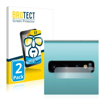 Face avant d’un emballage produit avec le logo de la marque BROTECT. À côté, l’appareil Samsung Galaxy S10 Plus (Caméra UNIQUE