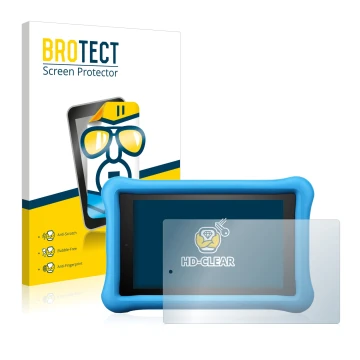 Face avant d’un emballage produit avec le logo de la marque BROTECT. À côté, l’appareil Amazon Fire HD 8 Kids Edition 2018 (8è