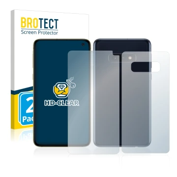 Face avant d’un emballage produit avec le logo de la marque BROTECT. À côté, l’appareil Samsung Galaxy S10e (Avant+Arrière) es