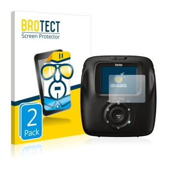 Face avant d’un emballage produit avec le logo de la marque BROTECT. À côté, l’appareil Fujifilm Instax Square SQ20 est représ