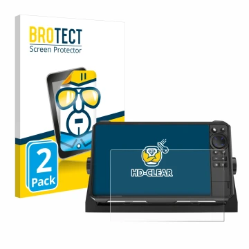 Face avant d’un emballage produit avec le logo de la marque BROTECT. À côté, l’appareil Lowrance HDS 9 Live Echolot est représ