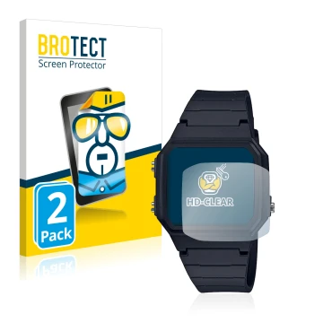 Face avant d’un emballage produit avec le logo de la marque BROTECT. À côté, l’appareil Casio Unisex A168WA-1YES est représent