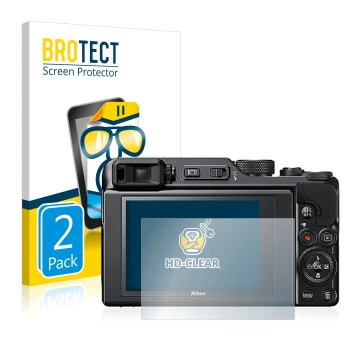 Face avant d’un emballage produit avec le logo de la marque BROTECT. À côté, l’appareil Nikon Coolpix A1000 est représenté ave