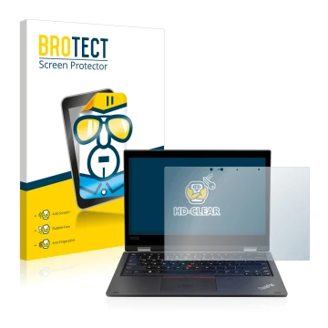 Face avant d’un emballage produit avec le logo de la marque BROTECT. À côté, l’appareil Lenovo ThinkPad L390 Yoga est représen